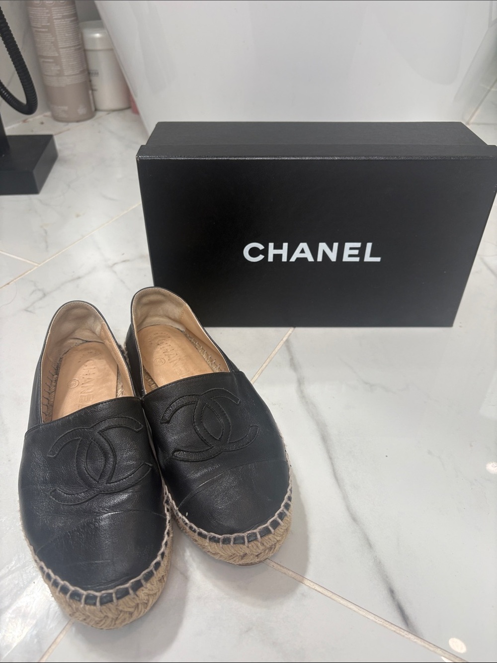 CHANEL Black Leather Espadrille Slip-Ons with Braided Jute Sole